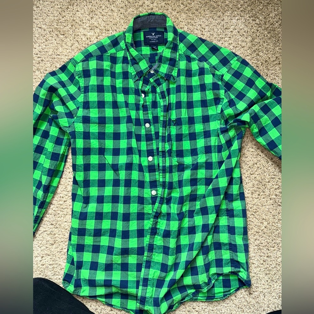 Men’s American Eagle Green Blue Plaid Button Down Long Sleeve Shirt Size Small